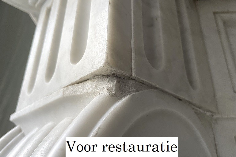 Witmarmer breuk reparatie, op locatie met op kleur gemengde restauratie pasta.