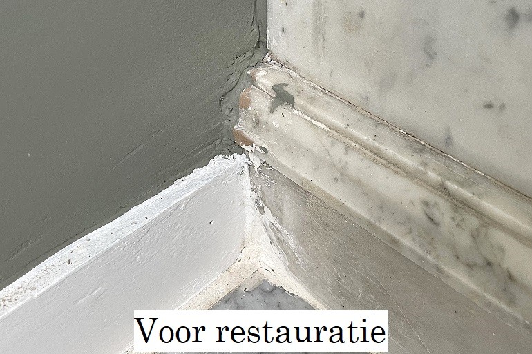 Marmer schouw reinigen van stof, aanslag en verfresten.